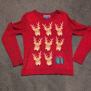 Karen Scott Festive Holiday Red Sweater with Reindeer and Gift - LIKE NEW!
